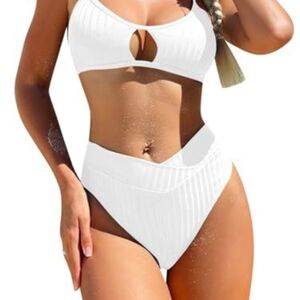Textured White Bikini with Sporty Cut Out Top and High-Cut Design, Size L